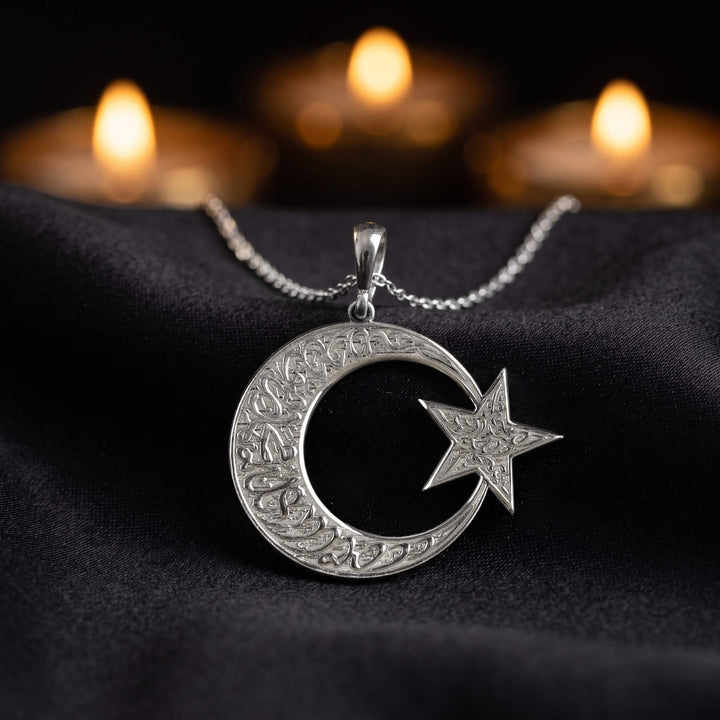 Kalima Tawhid crescent and star necklace, 925 sterling silver