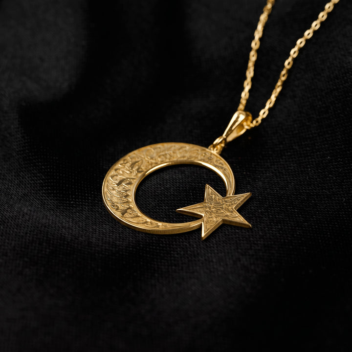 Kalima Tawhid crescent and star necklace in gold on black satin