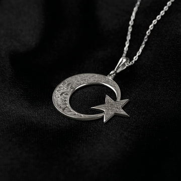 Kalima Tawhid crescent and star necklace in silver on black satin