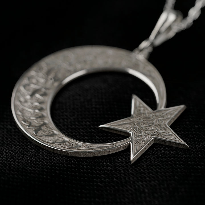 Kalima Tawhid crescent and star necklace in sterling silver