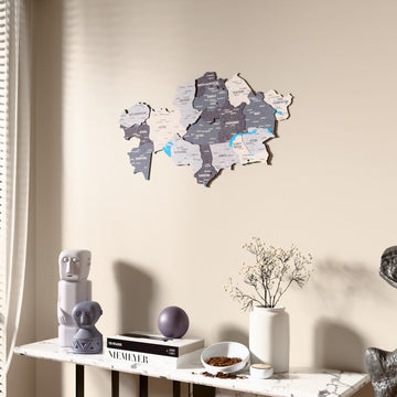 Nimbus Kazakhstan wooden wall map beside a sheer curtain, angled view