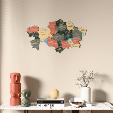 Sage Kazakhstan wooden wall map above a marble console, front view