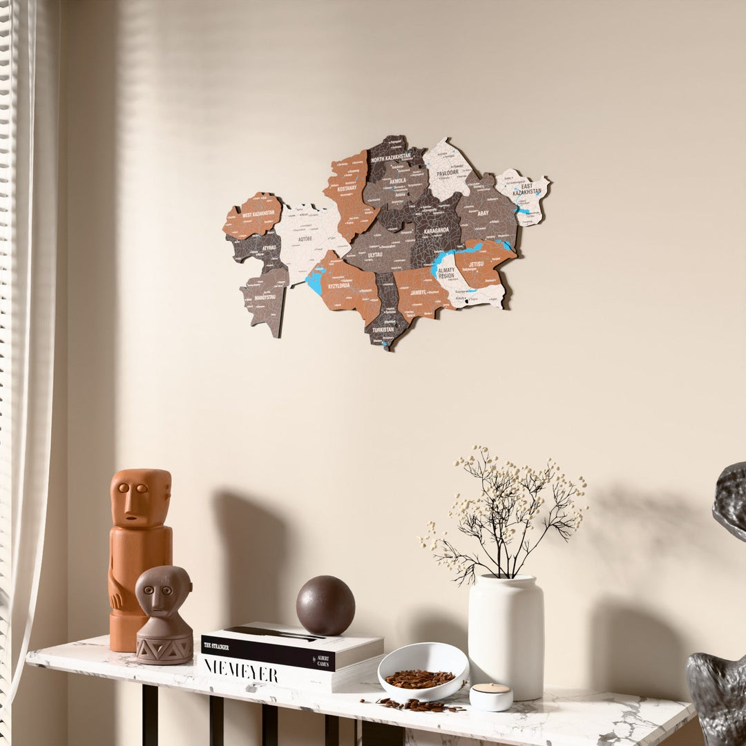 Soil Kazakhstan wooden wall map beside a sheer curtain, angled view