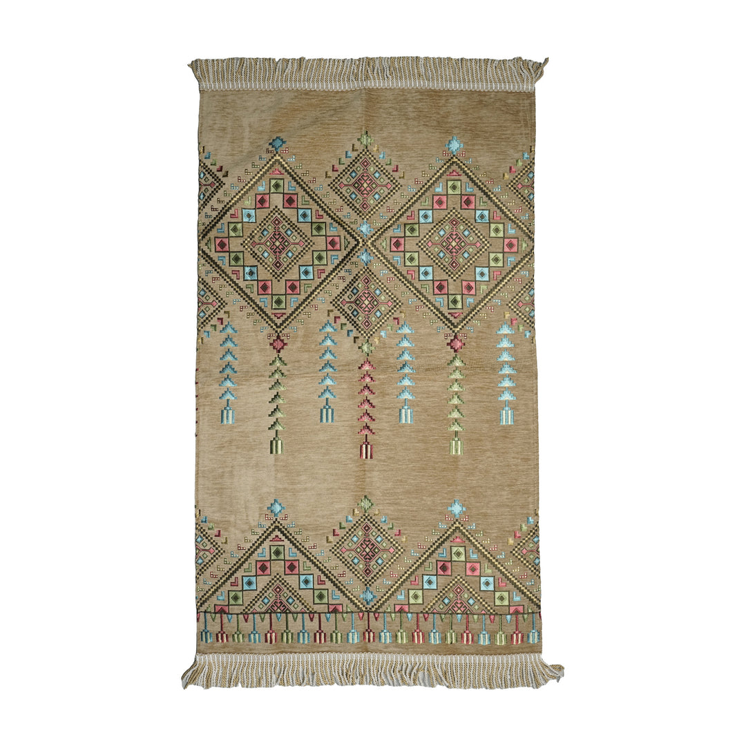 Kilim Prayer Rug in Beige on a white background, full view with fringed short edges