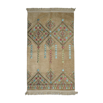 Kilim Prayer Rug in Beige on a white background, full view with fringed short edges