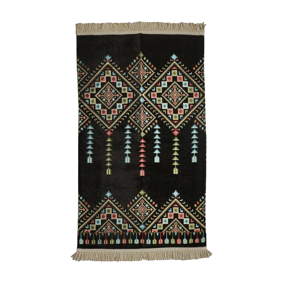 Kilim Prayer Rug in Black on a white background, full view with fringed short edges
