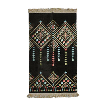 Kilim Prayer Rug in Black on a white background, full view with fringed short edges