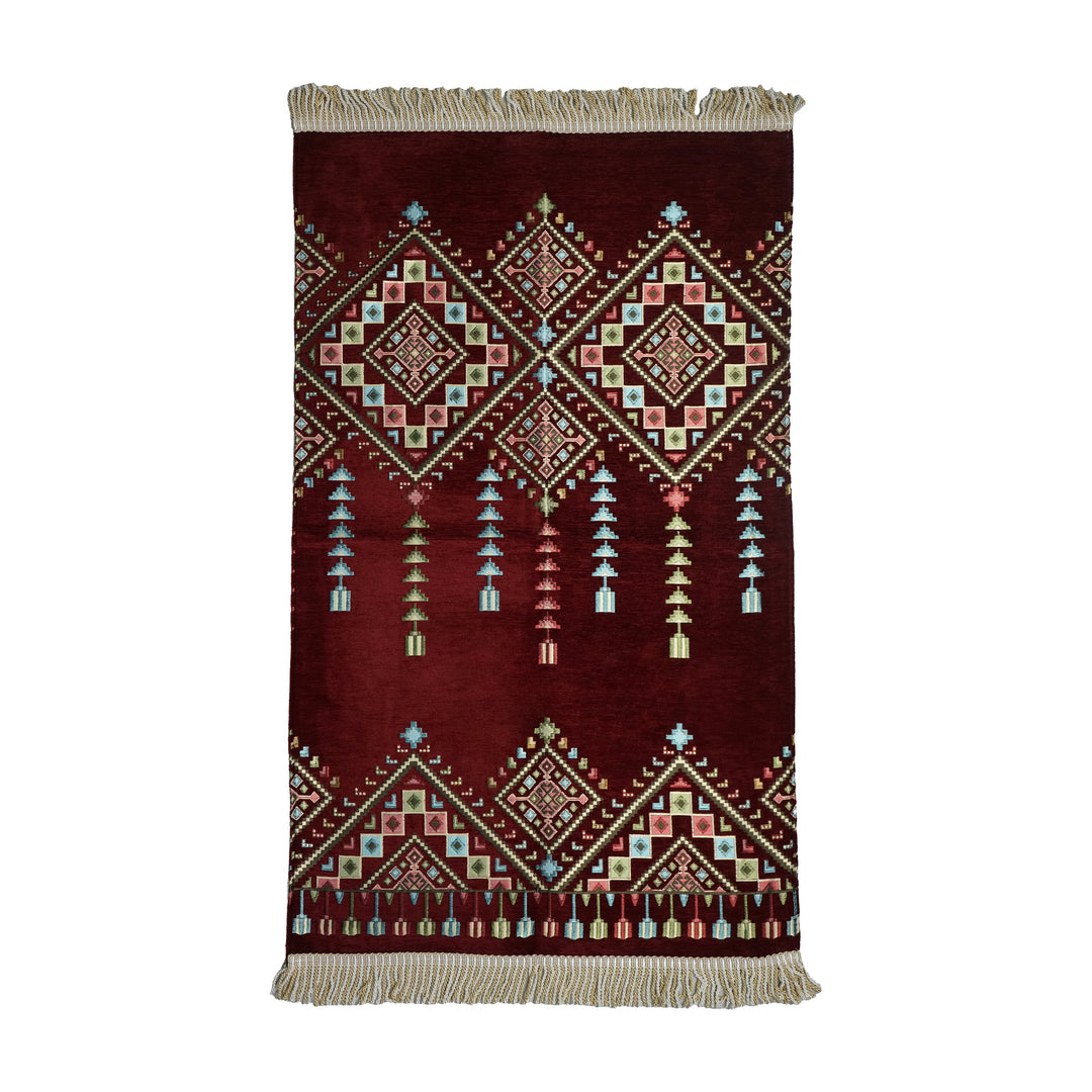 Kilim Prayer Rug in Burgundy on a white background, full view with fringed short edges