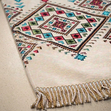 Kilim Prayer Rug in Cream: close-up of the corner, kilim motifs and fringe