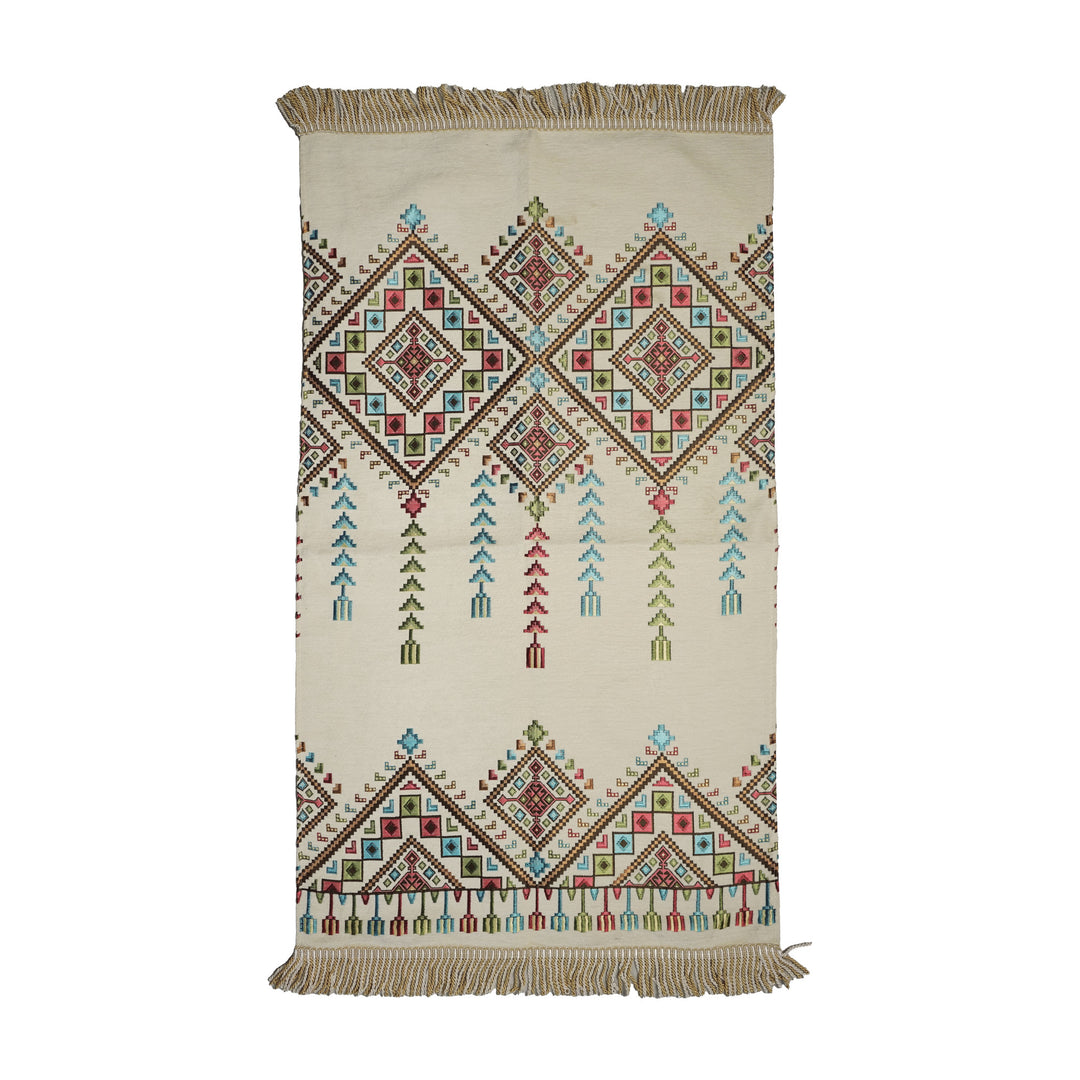 Kilim Prayer Rug in Cream on a white background, full view with fringed short edges