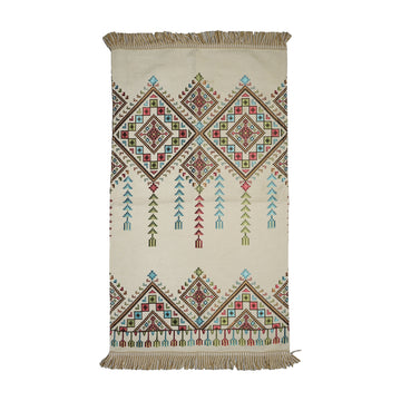 Kilim Prayer Rug in Cream on a white background, full view with fringed short edges