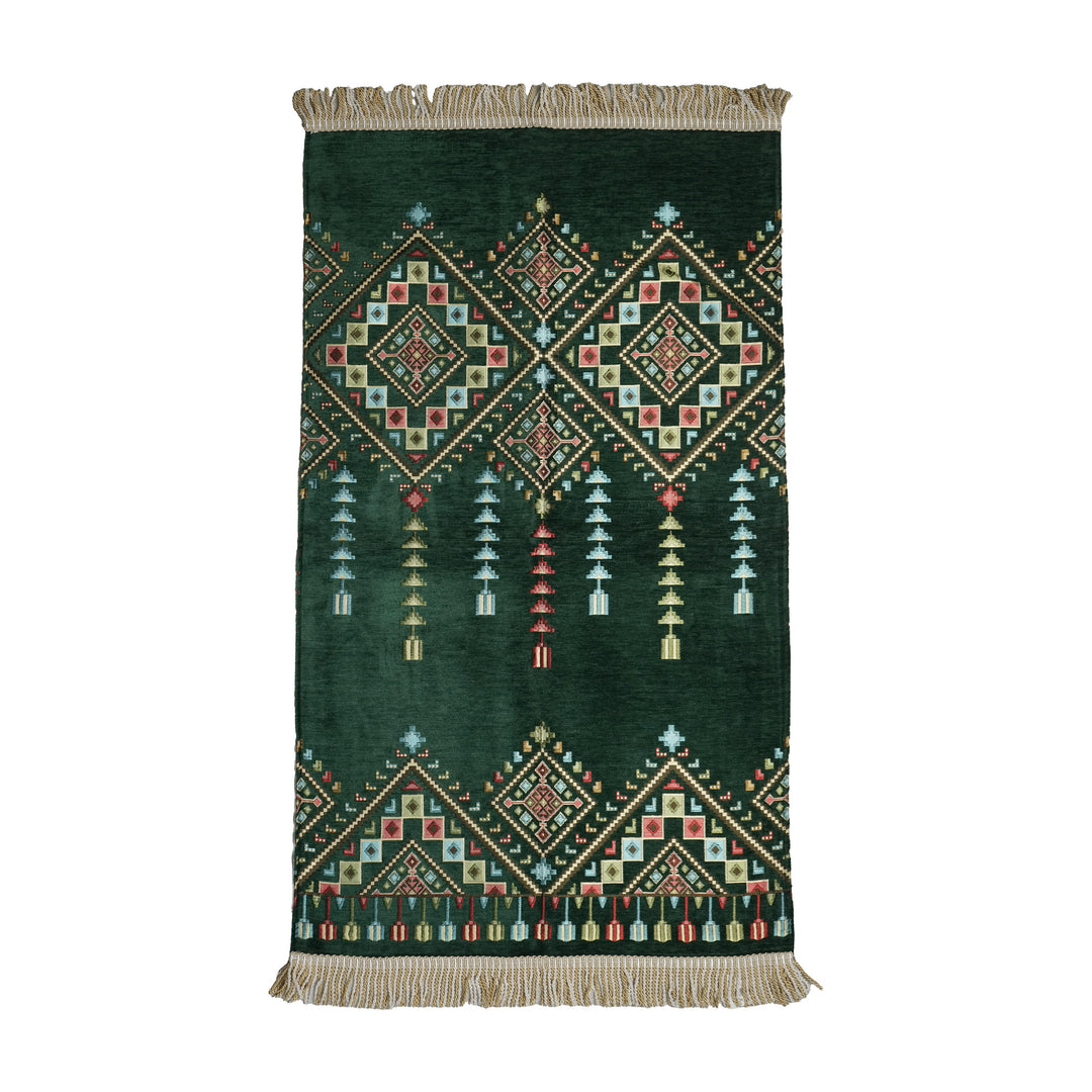 Kilim Prayer Rug in Emerald Green on a white background, full view with fringed short edges