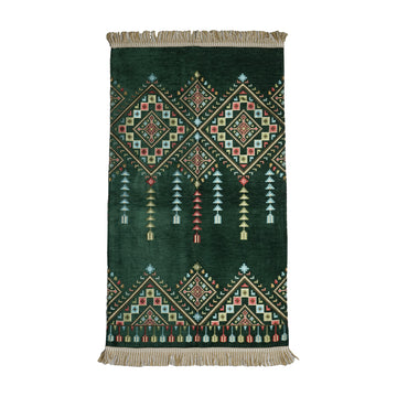 Kilim Prayer Rug in Emerald Green on a white background, full view with fringed short edges