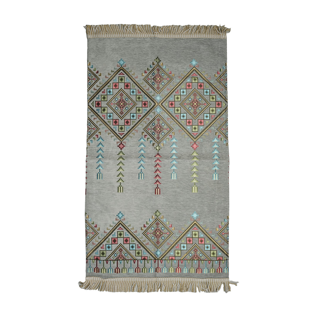 Kilim Prayer Rug in Gray on a white background, full view with fringed short edges