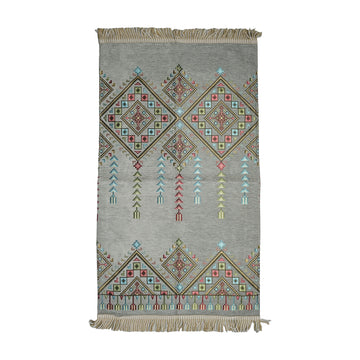 Kilim Prayer Rug in Gray on a white background, full view with fringed short edges