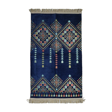 Kilim Prayer Rug in Navy on a white background, full view with fringed short edges
