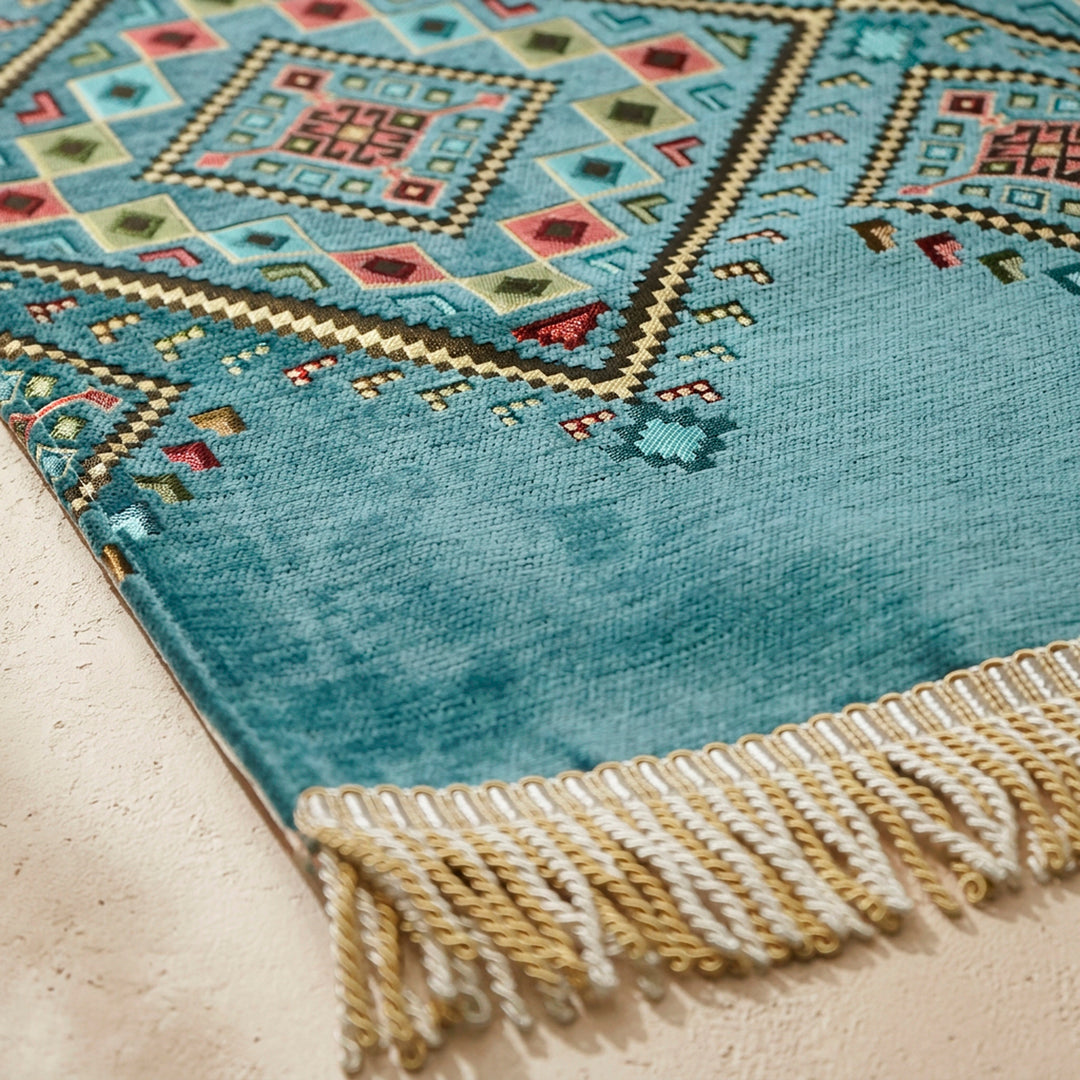 Kilim Prayer Rug in Petrol Blue: close-up of the corner, kilim motifs and fringe