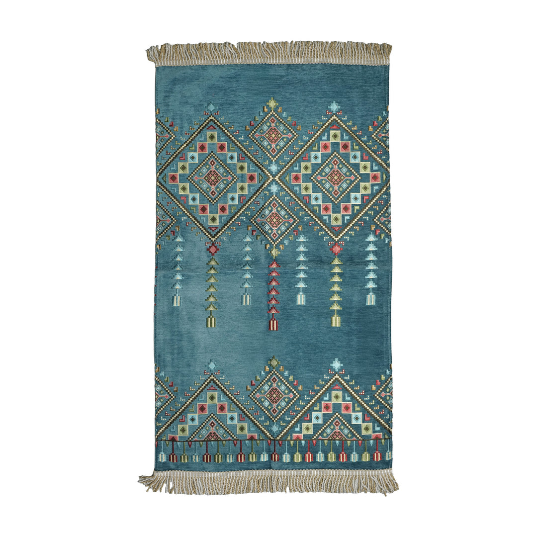 Kilim Prayer Rug in Petrol Blue on a white background, full view with fringed short edges
