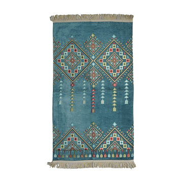 Kilim Prayer Rug in Petrol Blue on a white background, full view with fringed short edges