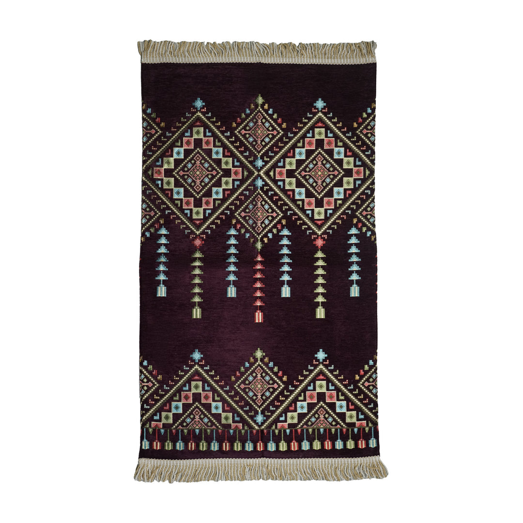 Kilim Prayer Rug in Plum on a white background, full view with fringed short edges