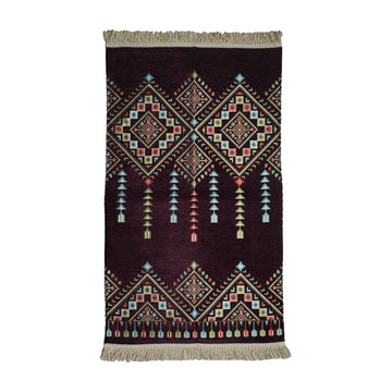 Kilim Prayer Rug in Plum on a white background, full view with fringed short edges