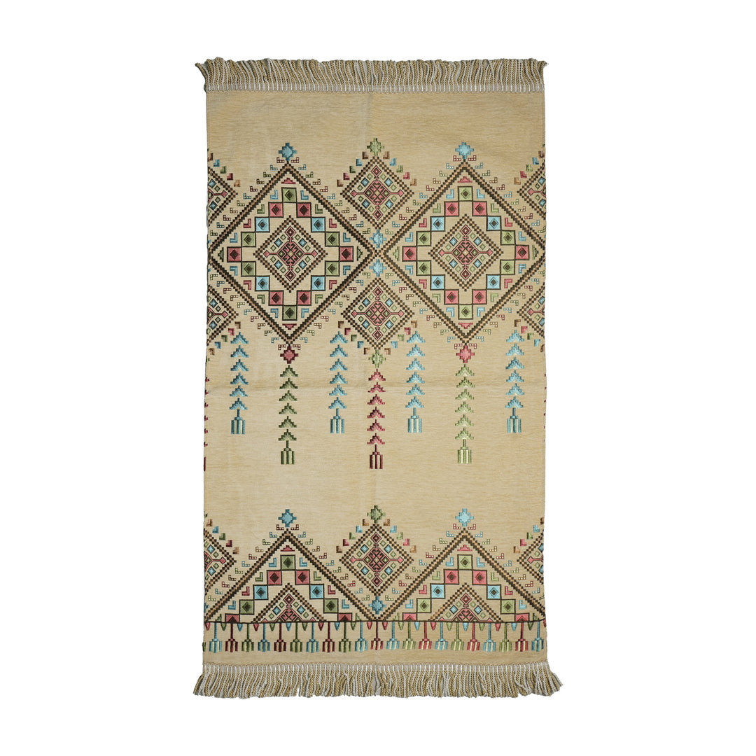 Kilim Prayer Rug in Yellow on a white background, full view with fringed short edges
