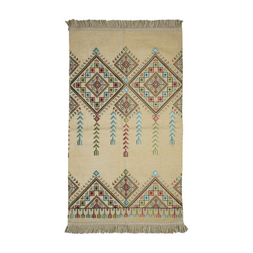 Kilim Prayer Rug in Yellow on a white background, full view with fringed short edges
