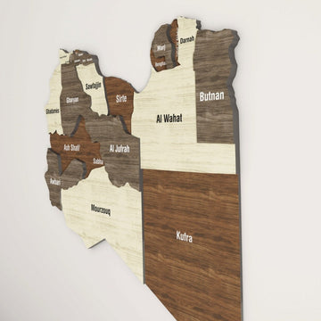 Angled close view of the Libya wooden wall map showing Al Wahat, Butnan and Kufra