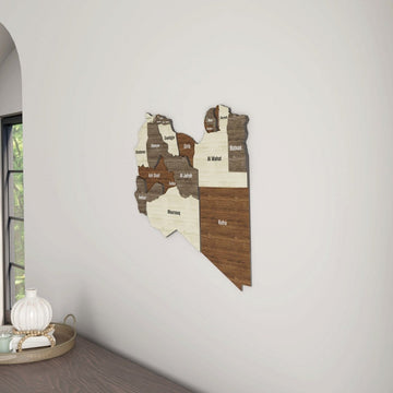 Libya wooden wall map beside an arched window, side view on a white wall