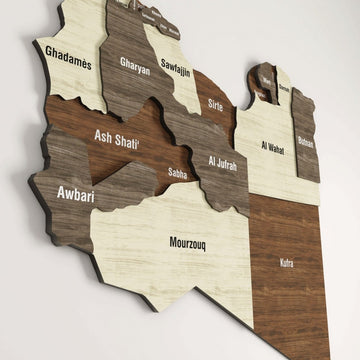 Close-up of the layered Ash Shati, Awbari, Mourzouq and Sabha regions on the Libya wooden wall map