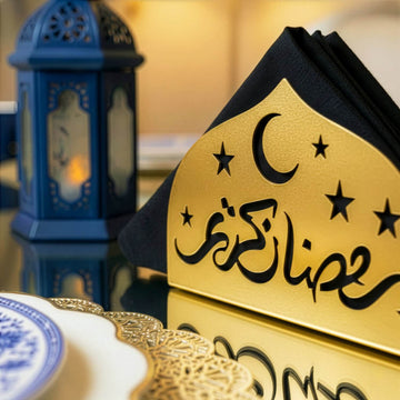 Ramadan Kareem metal napkin holder, close-up and size view