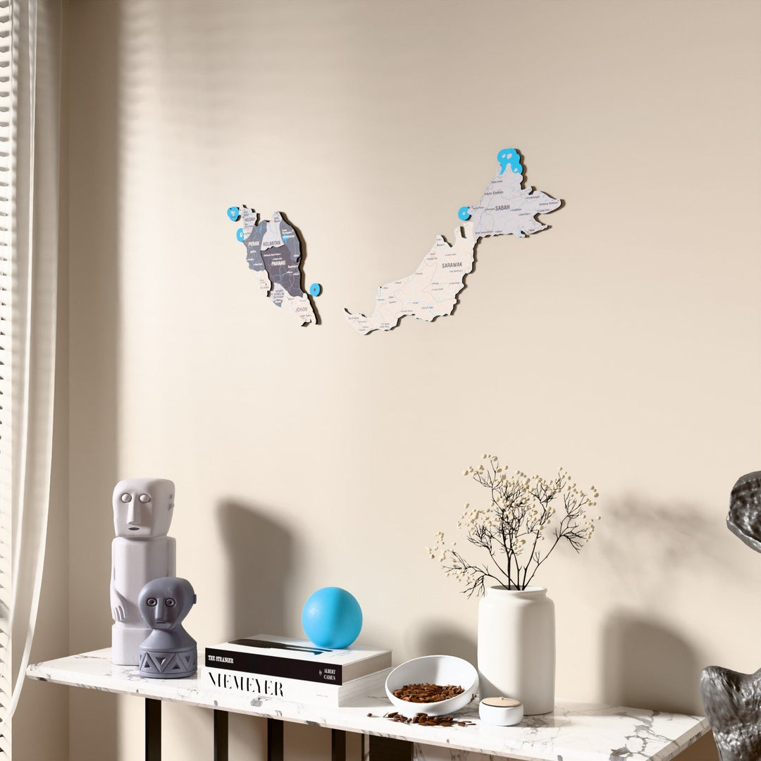 Nimbus Malaysia wooden wall map beside a sheer curtain, angled view