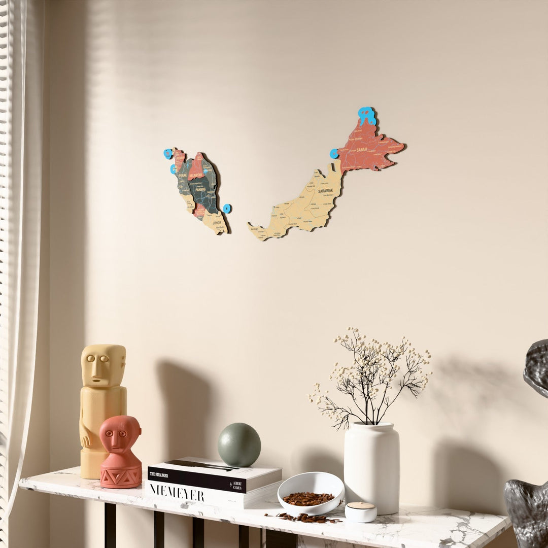 Sage Malaysia wooden wall map beside a sheer curtain, angled view