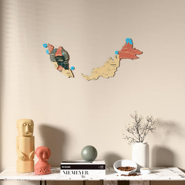 Sage Malaysia wooden wall map above a marble console, front view