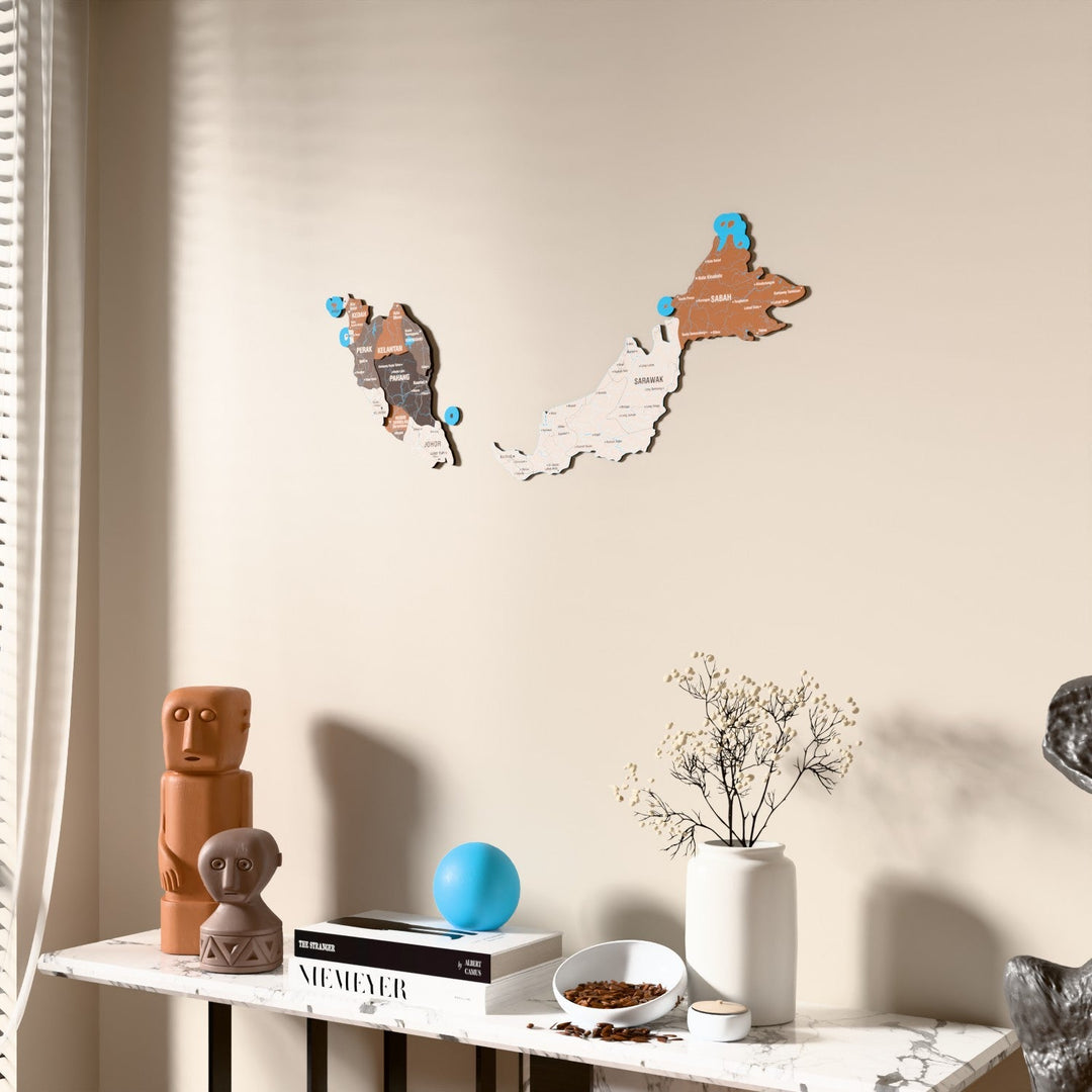 Soil Malaysia wooden wall map beside a sheer curtain, angled view
