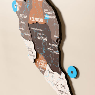 Close-up of the Soil Malaysia wooden wall map with layered regions and printed names