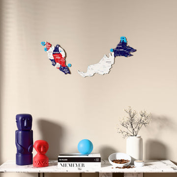Flag colored Malaysia wooden wall map above a marble console, front view