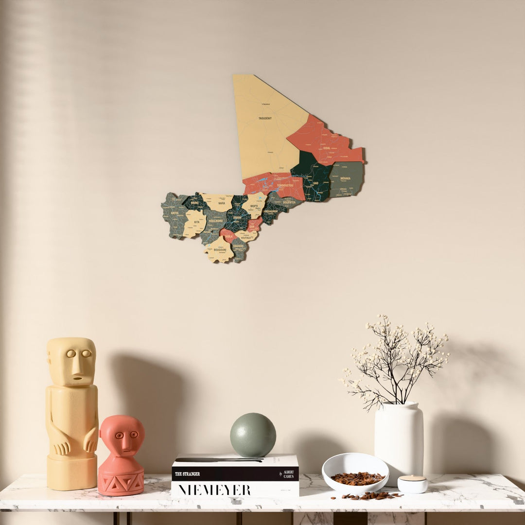 Sage Mali wooden wall map above a marble console, front view