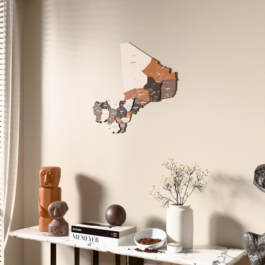 Soil Mali wooden wall map beside a sheer curtain, angled view
