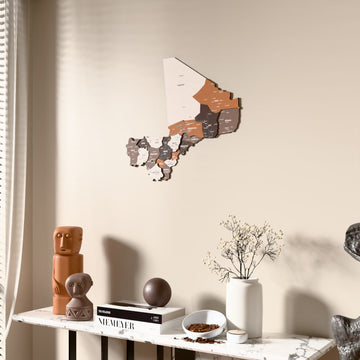 Soil Mali wooden wall map beside a sheer curtain, angled view