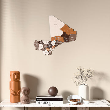 Soil Mali wooden wall map above a marble console, front view
