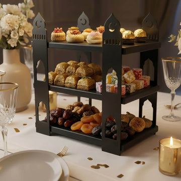 3-stöckige Moschee-Etagere – Ramadan-Dessertturm aus Metall & Holz