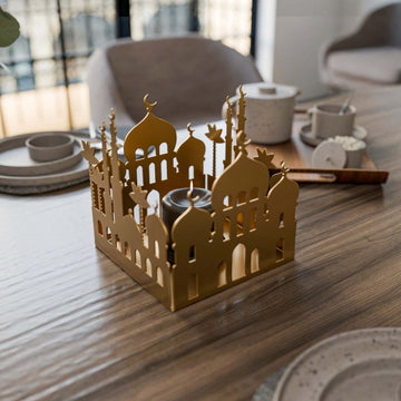 Metal Candle Holder with Masjid Motif - Islamic Home Decor - Islamic Wall Art Store