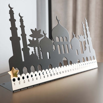 Metal Ramadan Calendar with Masjid Design - Horizontal Islamic Table Decor - Islamic Wall Art Store