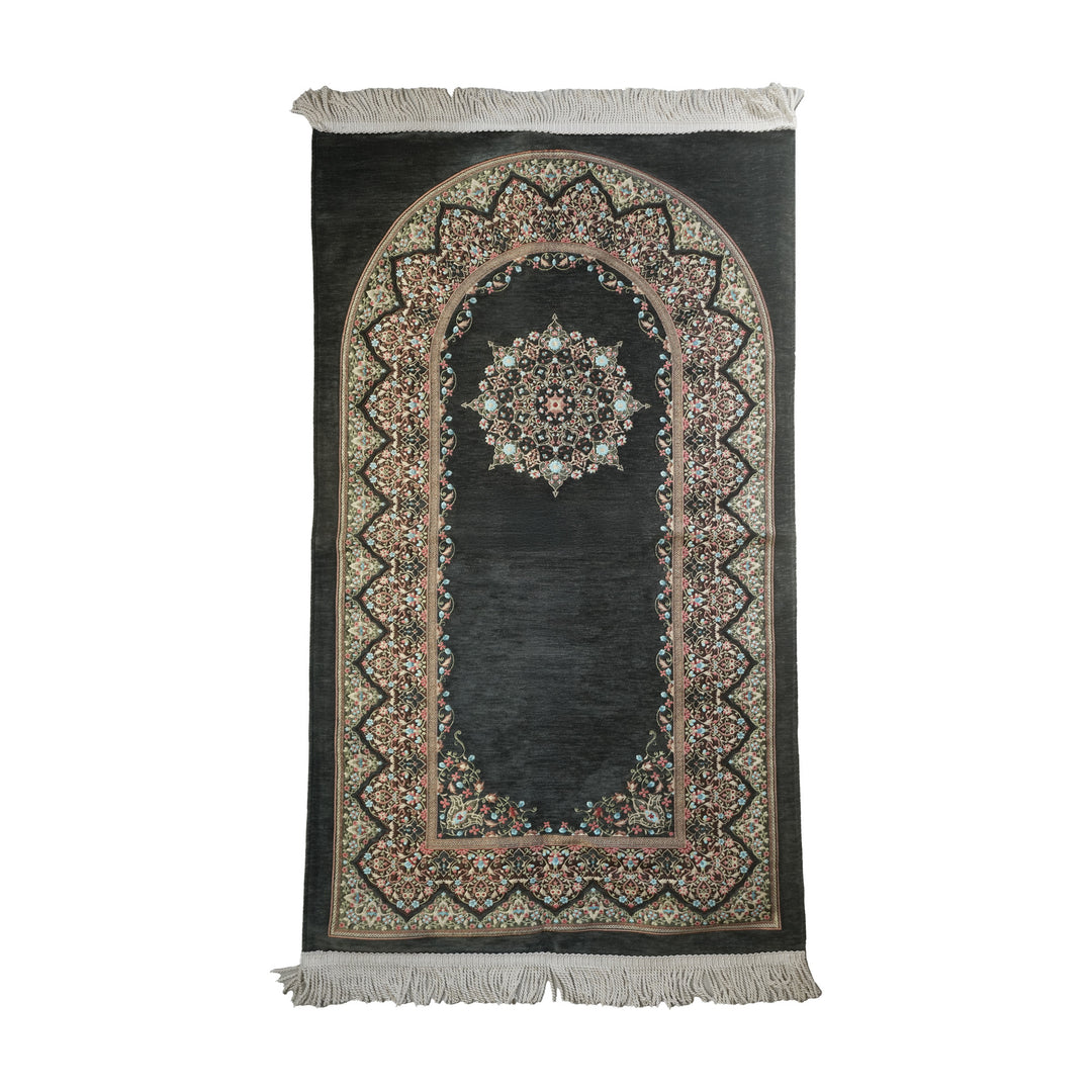 Mihrab Prayer Rug in Anthracite on a white background, full view with fringed short edges
