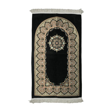 Mihrab Prayer Rug in Black on a white background, full view with fringed short edges