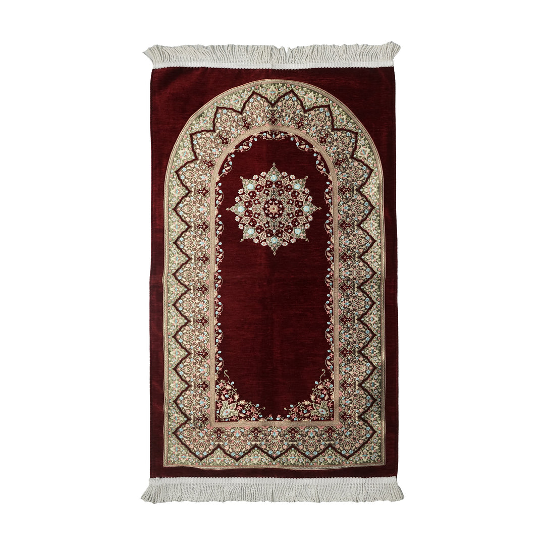Mihrab Prayer Rug in Burgundy on a white background, full view with fringed short edges