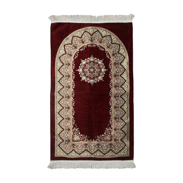 Mihrab Prayer Rug in Burgundy on a white background, full view with fringed short edges