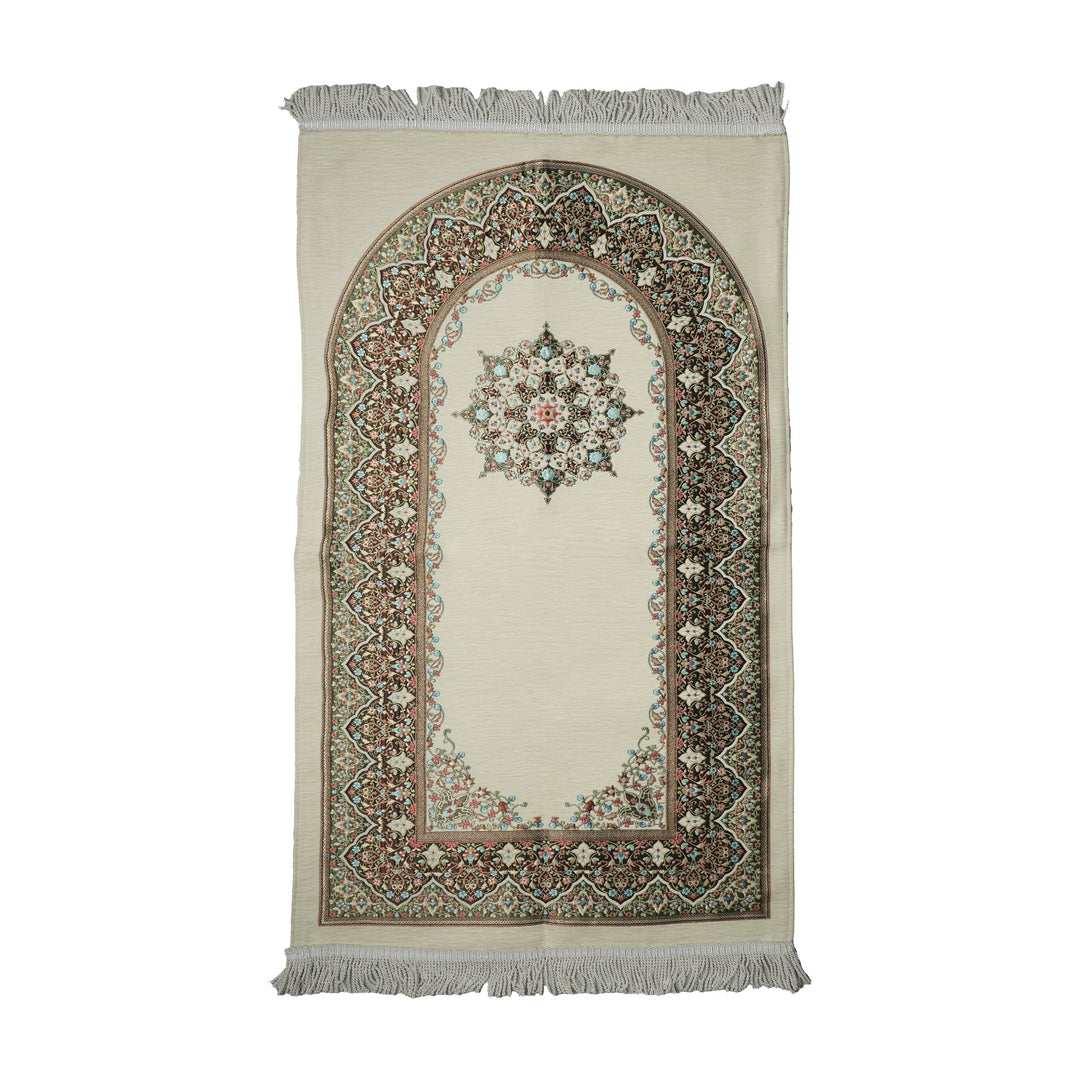 Mihrab Prayer Rug in Cream on a white background, full view with fringed short edges