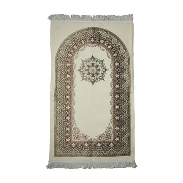 Mihrab Prayer Rug in Cream on a white background, full view with fringed short edges